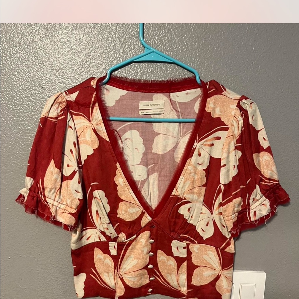 Urban Outfitters Red and Cream Floral Blouse